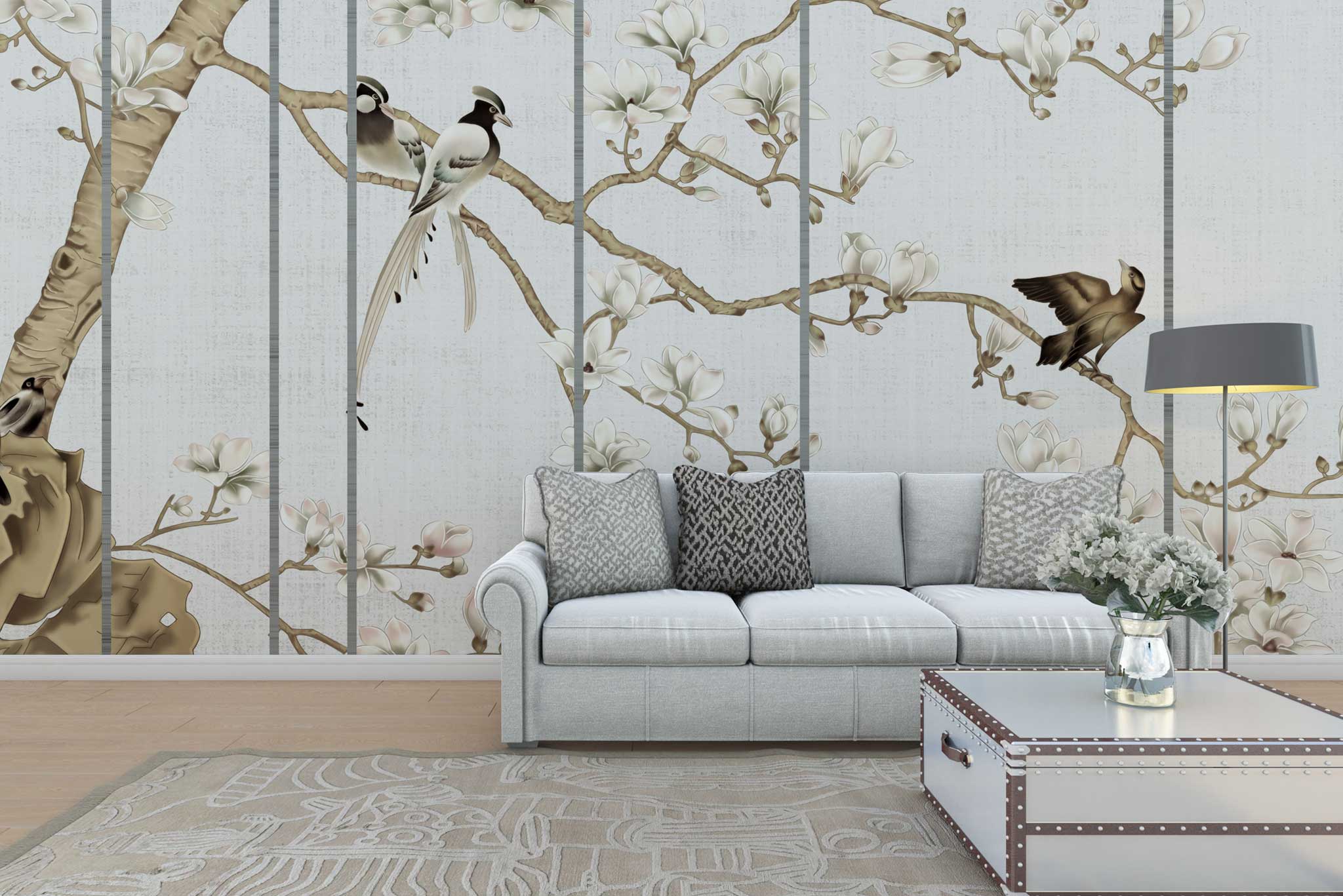 tapet-fototapet-personalizat-comanda-bucuresti-model-chinoiserie-pasari-magnolii-crem-perete-lux-special